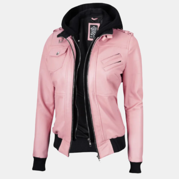 Stylish Pink Bomber Leather Jacket for Women with Removable Hood