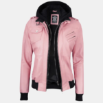 Stylish Pink Bomber Leather Jacket for Women with Removable Hood - Image 4