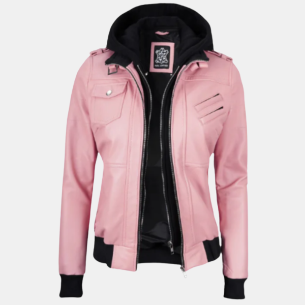 Stylish Pink Bomber Leather Jacket for Women with Removable Hood