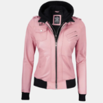 Stylish Pink Bomber Leather Jacket for Women with Removable Hood