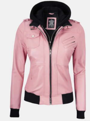 Stylish Pink Bomber Leather Jacket for Women with Removable Hood