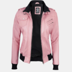 Stylish Pink Bomber Leather Jacket for Women with Removable Hood - Image 2