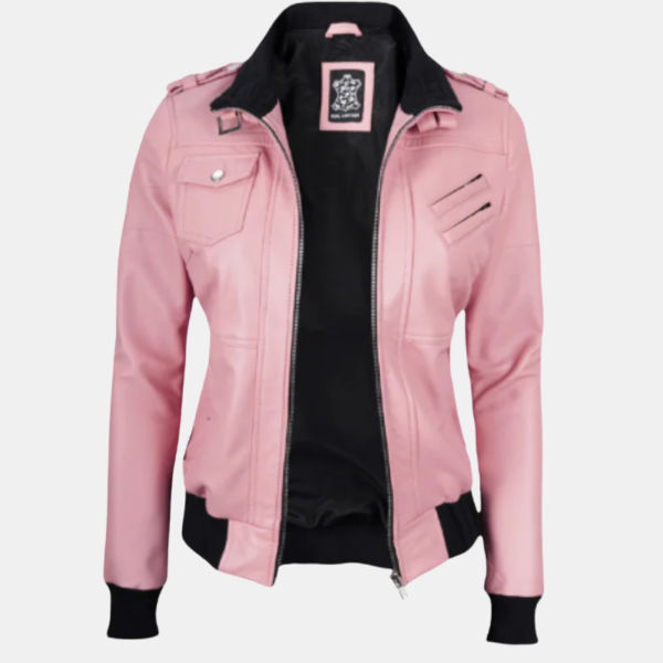 Stylish Pink Bomber Leather Jacket for Women with Removable Hood
