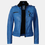 Tavares Women's Blue Distressed Leather Moto Jacket - Image 2