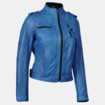 Tavares Women's Blue Distressed Leather Moto Jacket - Image 4