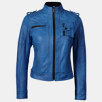 Tavares Women's Blue Distressed Leather Moto Jacket