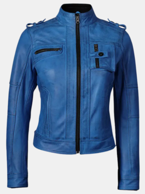 Tavares-Womens-Blue-Distressed-Leather-Moto-Jacket.png Tavares Women's Blue Distressed Leather Moto Jacket