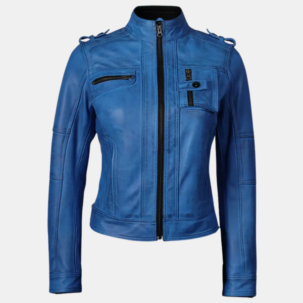 Tavares-Womens-Blue-Distressed-Leather-Moto-Jacket.png Tavares Women's Blue Distressed Leather Moto Jacket