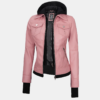 Tralee Women's Real Leather Pink Bomber Jacket with Hood