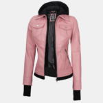Tralee Women's Real Leather Pink Bomber Jacket with Hood - Image 2