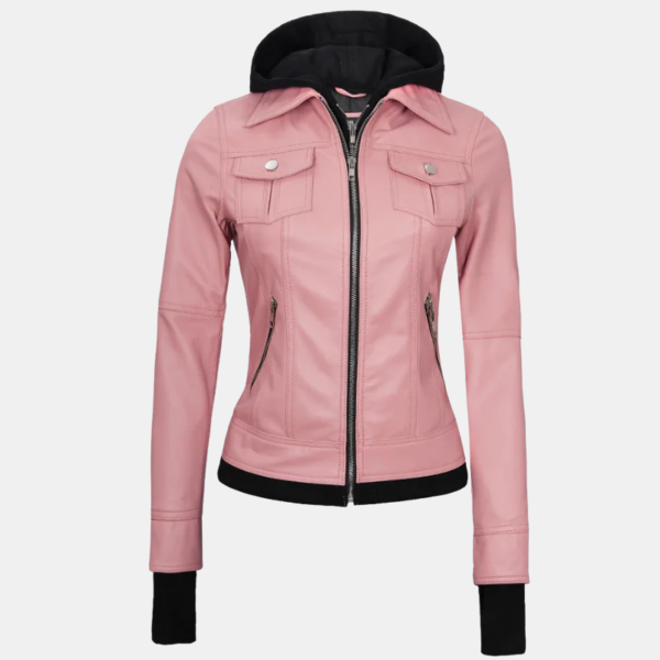 Tralee Women's Real Leather Pink Bomber Jacket with Hood