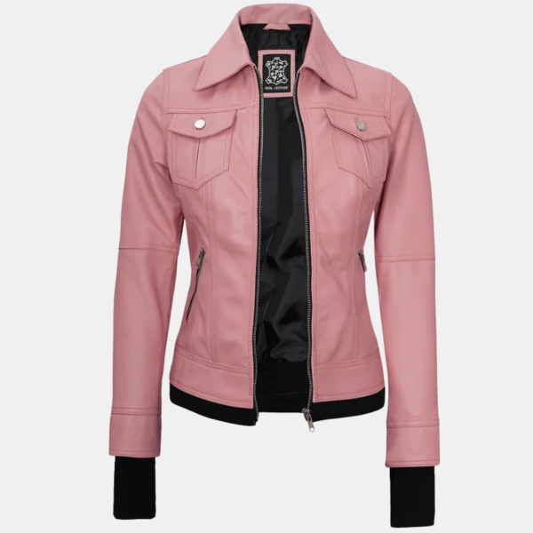 Tralee Women's Real Leather Pink Bomber Jacket with Hood
