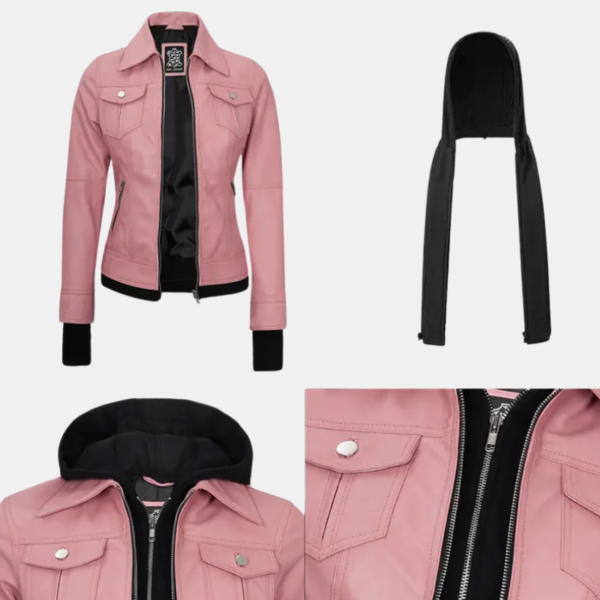 Tralee Women's Real Leather Pink Bomber Jacket with Hood