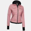 Tralee Women's Real Leather Pink Bomber Jacket with Hood