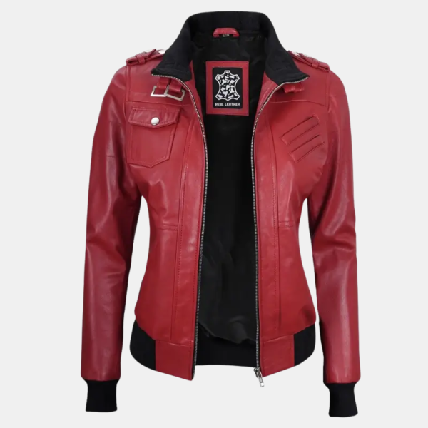 Trendy Red Leather Jacket with Removable Hood for Women