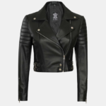 Women's Black Cropped Leather Moto Jacket - Image 2