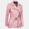 Women's Pink Asymmetrical Leather Jacket with Stylish Belt Detail