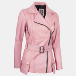Women's Pink Asymmetrical Leather Jacket with Stylish Belt Detail - Image 2