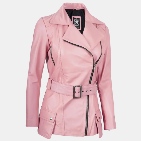 Women's Pink Asymmetrical Leather Jacket with Stylish Belt Detail