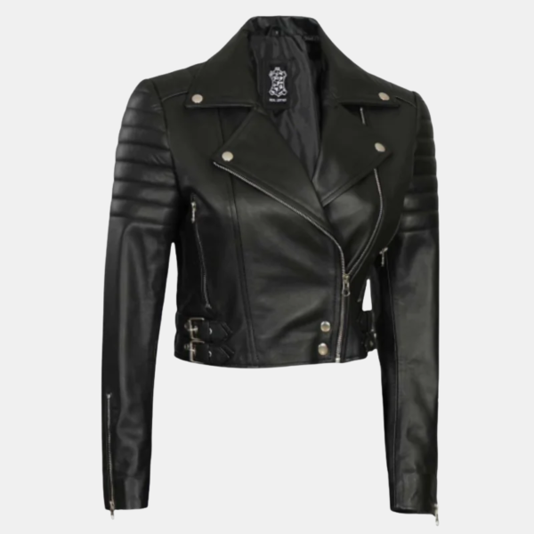 Women's Black Cropped Leather Moto Jacket