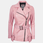 Women's Pink Asymmetrical Leather Jacket with Stylish Belt Detail