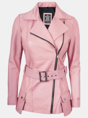 Women's Pink Asymmetrical Leather Jacket with Stylish Belt Detail