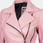 Women's Pink Asymmetrical Leather Jacket with Stylish Belt Detail - Image 4