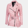 Women's Pink Asymmetrical Leather Jacket with Stylish Belt Detail