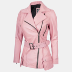 Women's Pink Asymmetrical Leather Jacket with Stylish Belt Detail - Image 3