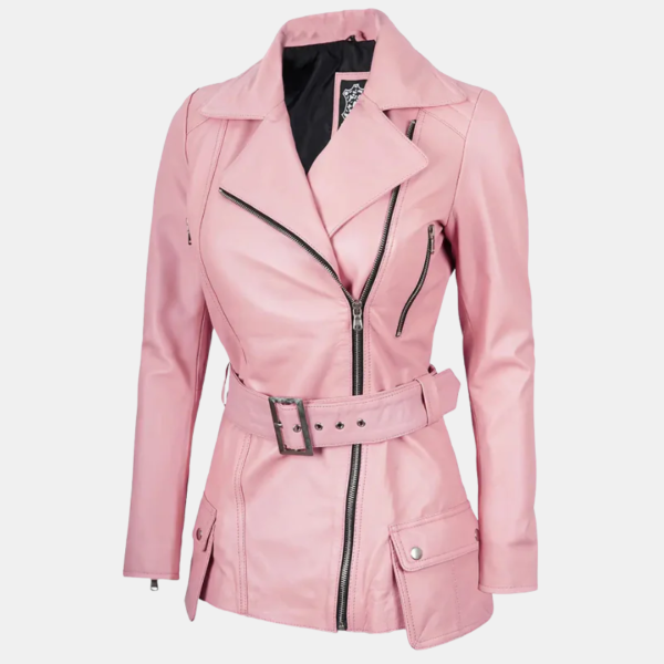 Women's Pink Asymmetrical Leather Jacket with Stylish Belt Detail
