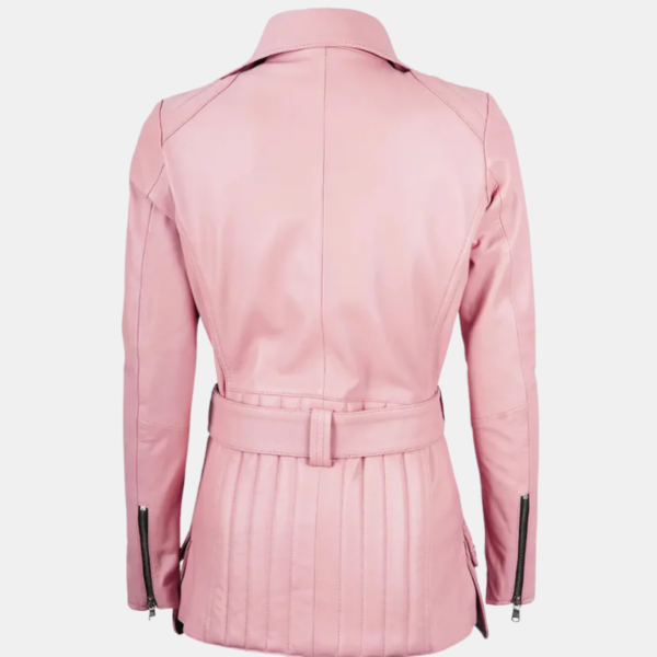 Women's Pink Asymmetrical Leather Jacket with Stylish Belt Detail