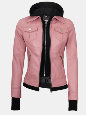Womens-Real-Leather-Pink-Bomber-Jacket-with-Hood.png Tralee Women's Real Leather Pink Bomber Jacket with Hood