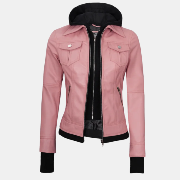 Tralee Women's Real Leather Pink Bomber Jacket with Hood