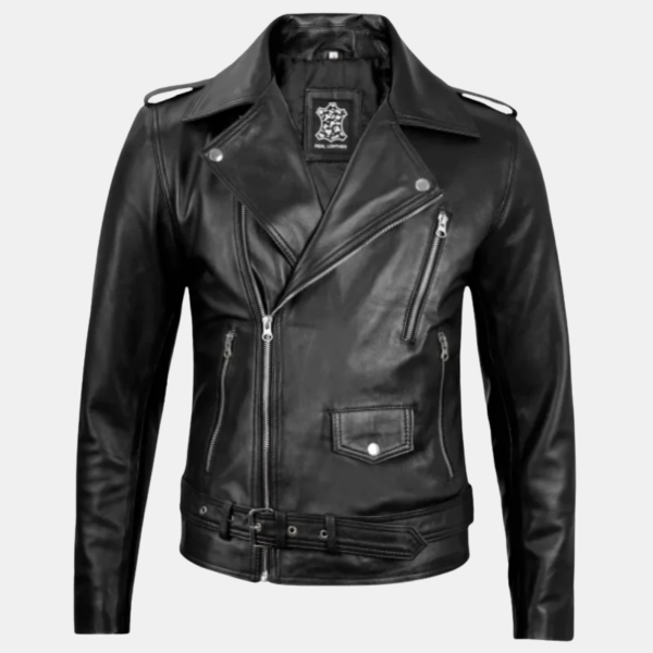 Men's Black Belted Biker Moto Leather Jacket