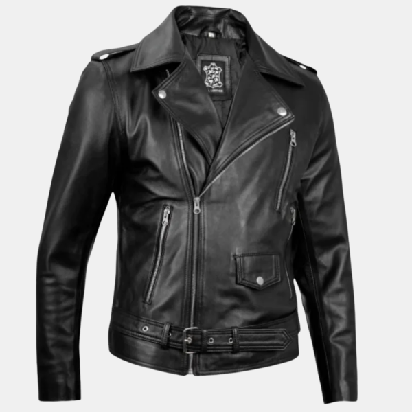 Men's Black Belted Biker Moto Leather Jacket