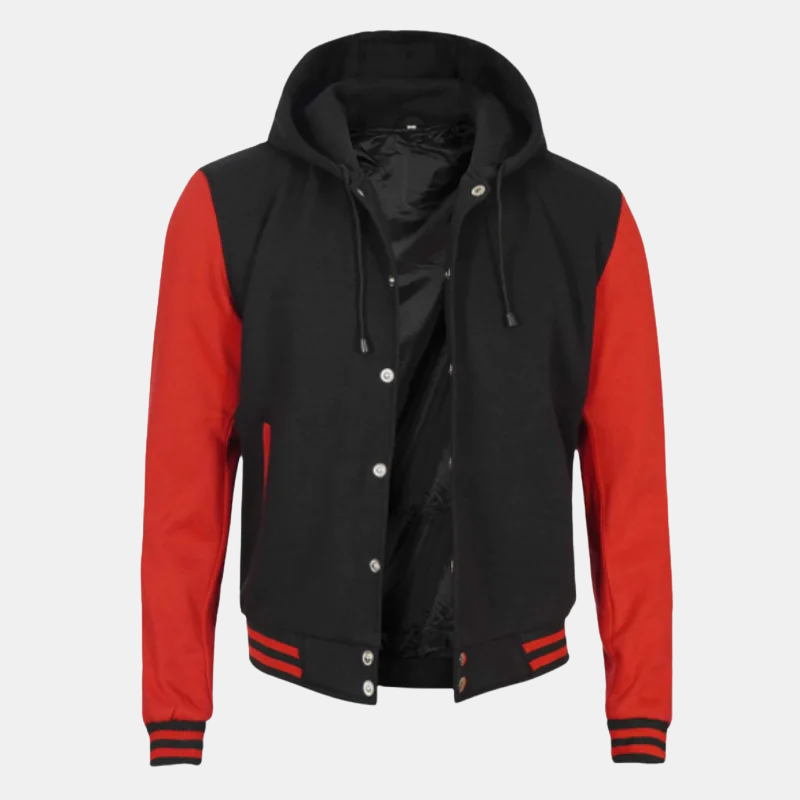 black-and-red-jacket-1.png Red and Black Varsity Letterman hood Jacket - Image 1