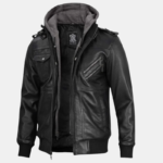 Black Bomber Men's Leather Jacket with Removable Hood - Image 2