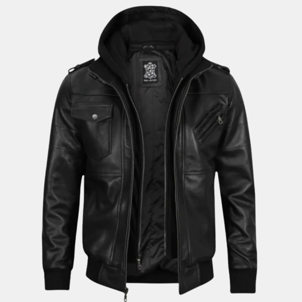 Men's Black Leather Moto Jacket with Hoodie