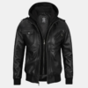 Men's Black Leather Moto Jacket with Hoodie