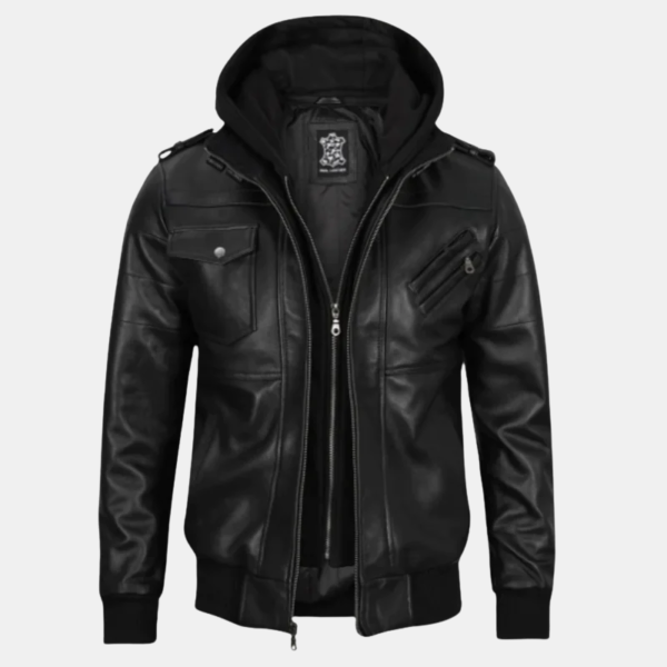 Men's Black Leather Moto Jacket with Hoodie