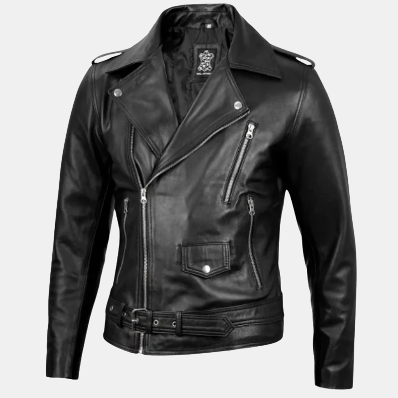 black-leather-jacket-biker-1.png Men's Black Belted Biker Moto Leather Jacket - Image 1
