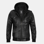 Men's Black Leather Moto Jacket with Hoodie - Image 3