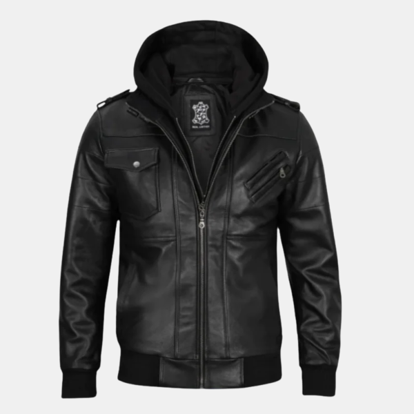 Men's Black Leather Moto Jacket with Hoodie