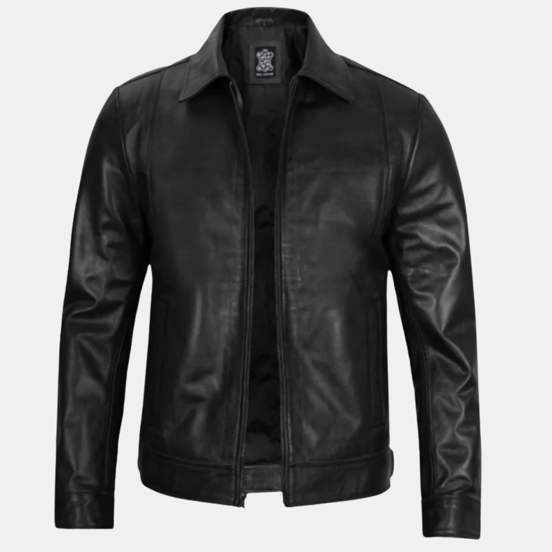 black-leder-jacket-1.png Men's Harrington Classic Black Leather Jacket - Image 1