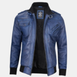 Men's Blue Waxed Leather Jacket with Removable Hood - Image 4