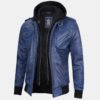 Men's Blue Waxed Leather Jacket with Removable Hood