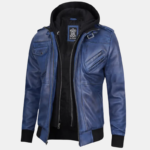 Men's Blue Waxed Leather Jacket with Removable Hood - Image 3