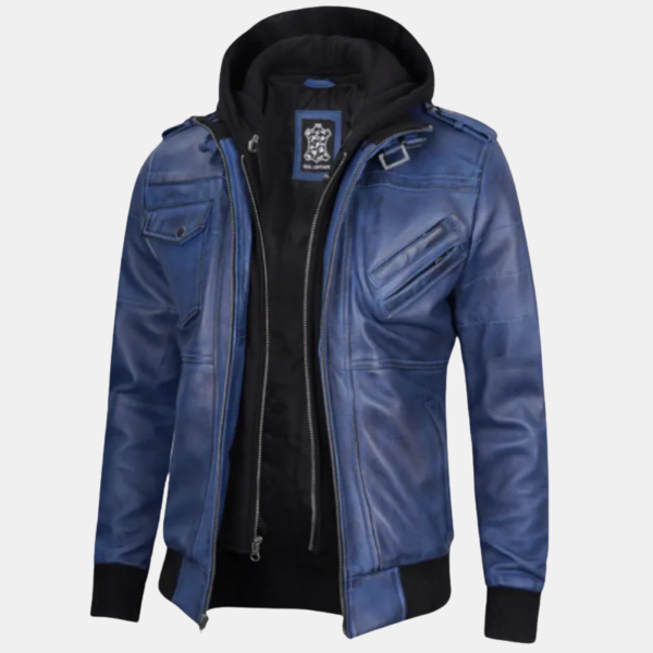 Men's Blue Waxed Leather Jacket with Removable Hood