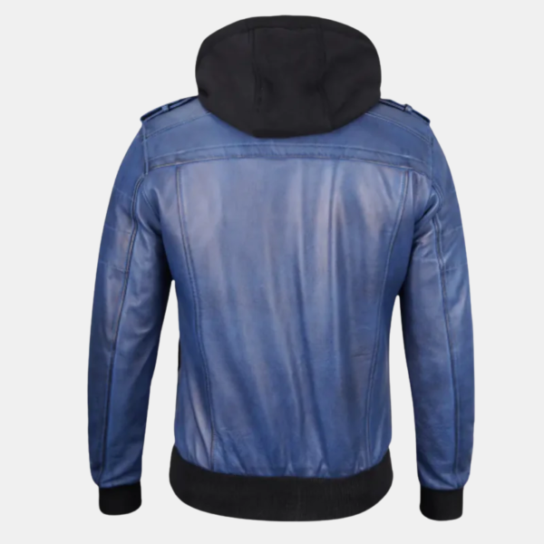 Men's Blue Waxed Leather Jacket with Removable Hood