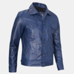 Men’s Blue Leather Trucker Jacket Soft Real Lambskin Finish - Image 2